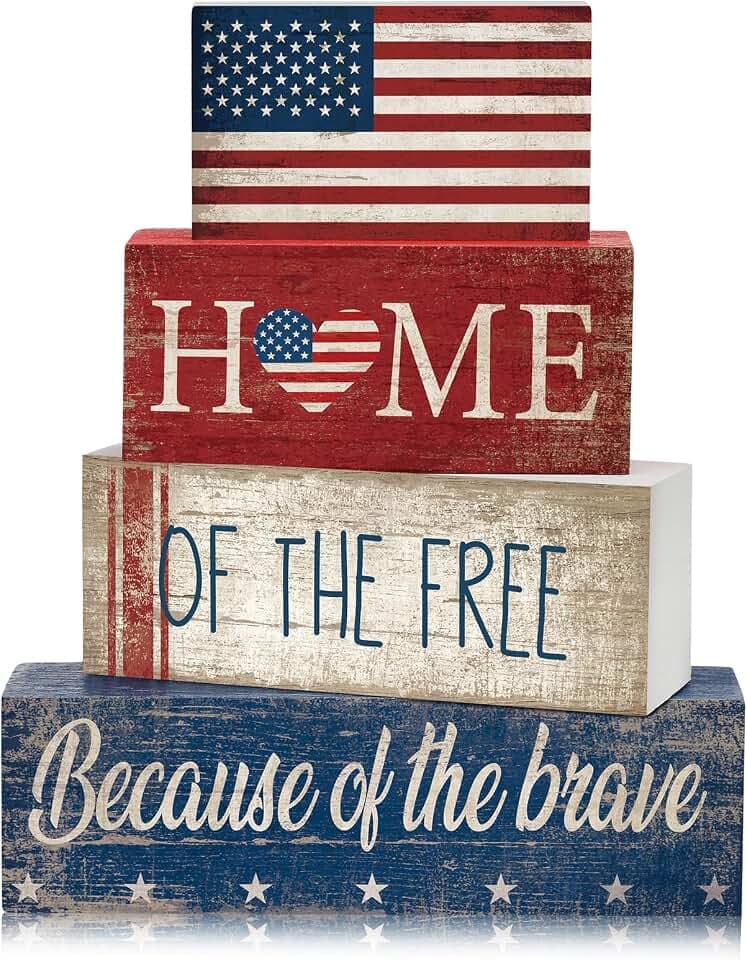 CroBlissful 4 Pcs Veterans Day Patriotic Decorations, Red White Blue Sign