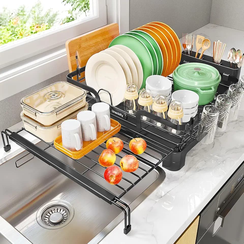Urackify Expandable Dish Drying Rack for Kitchen Counter, Black