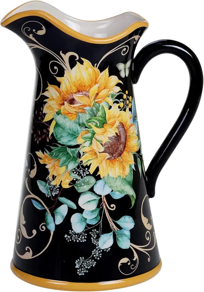 Sunflower Fields 96 oz Ceramic Pitcher-Decorative Farmhouse Floral Water Jug for Serving Iced Tea, Lemonade, Sangria, and Juice-Elegant Rustic Table Décor & Vase for Kitchen or Outdoor Entertaining