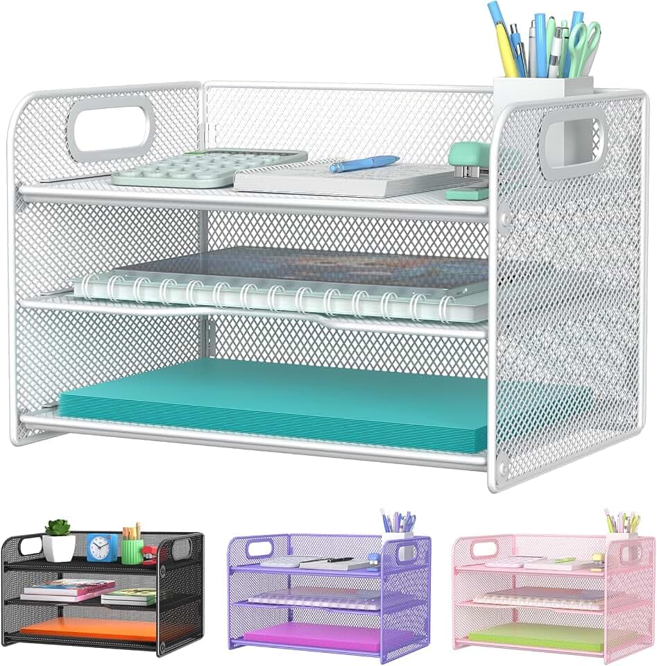 Samstar 3 Tier White Letter Tray Paper Organizer with Handle, Mesh Desk Organizer Paper Sorter File Rack Shelves, White