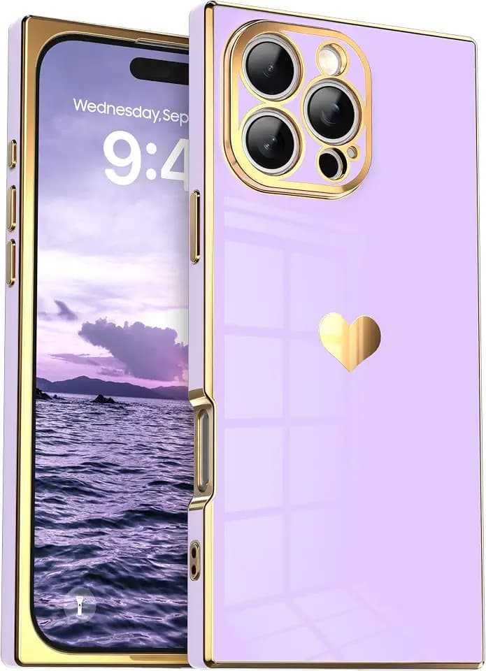 Case for iPhone 14 Pro - Rectangle Design, Full Camera Protection, Cute Heart Pattern, Electroplated Reinforced Corners, Shockproof Edge Bumper,Compatible with iPhone 14 Pro,Purple