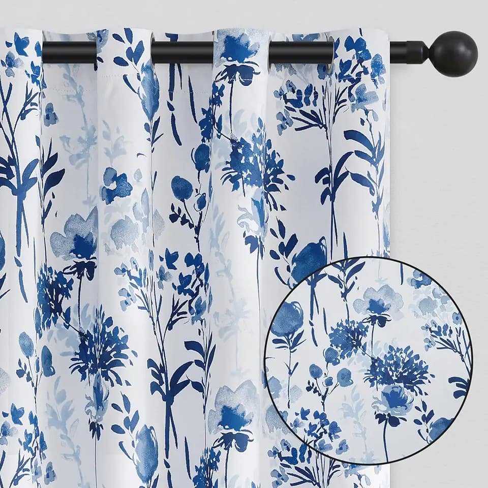 100% Blackout Flower Blackout Curtains 54 Inch Long, Mixed Blue Room Darkening Privacy Protect Curtain Panels For Bedroom, Energy Saving Watercolor Floral Pattern Window Treatments 2 Pack 52"W