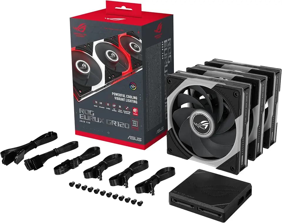 ASUS ROG Eurux GR120 ARGB Reverse PWM Fan Triple Pack 120mm PWM, 2200RPM, Patented Daisy-Chain, Custom Lighting, Fan Hub