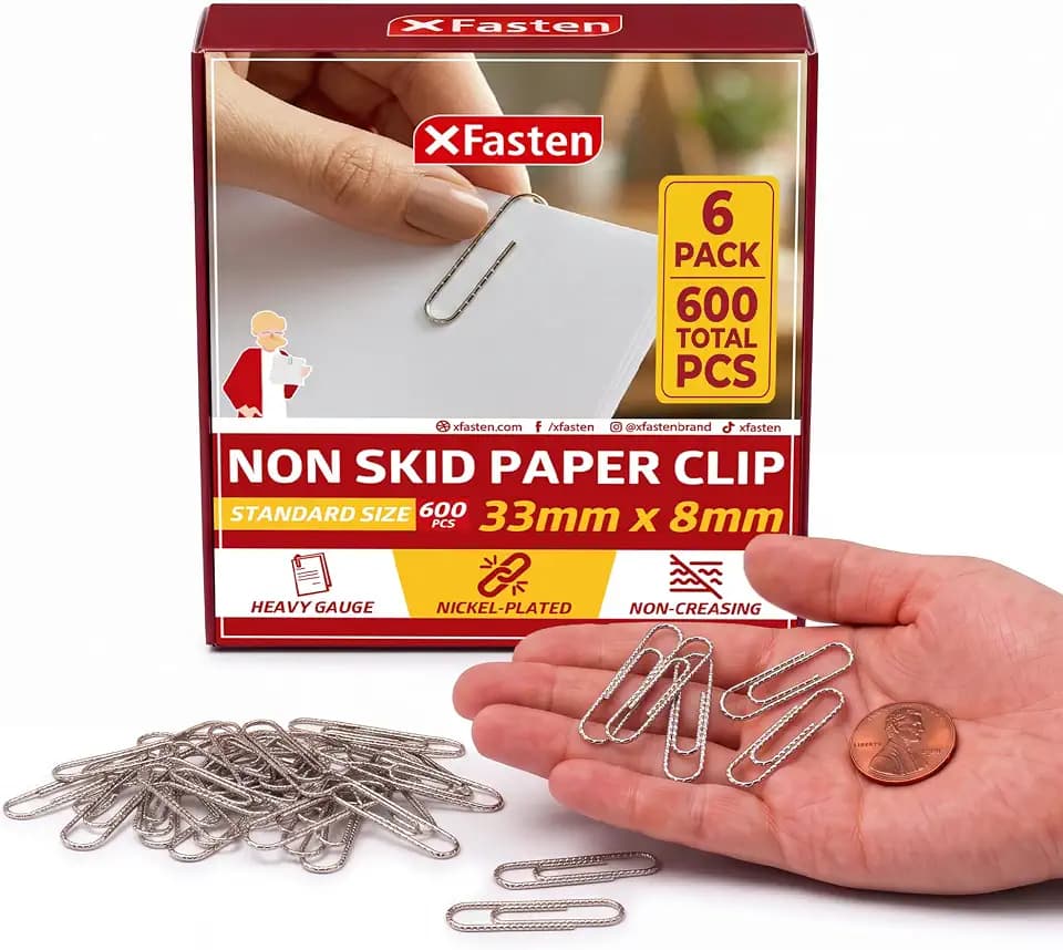 XFasten Non-Skid Paper Clips, 1.3 in (33 mm), Standard Medium Paper Clips, Deep-Ridged Grip, Anti-Rust Nickel-Plated Carbon Steel, Paper-Safe and Reusable, 600-Pack, 6 Boxes of 100, Silver