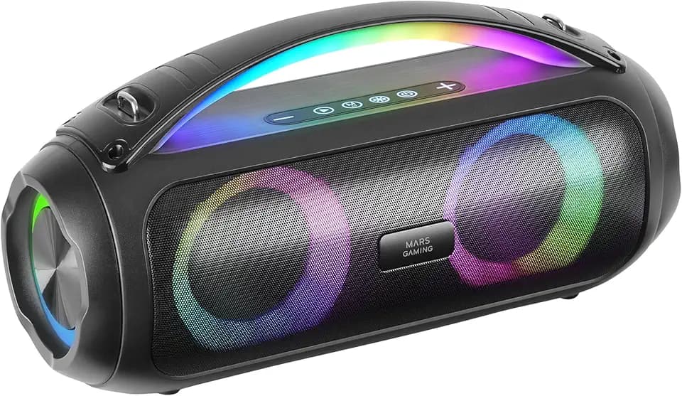 Mars Gaming MS-Pulse, Tragbarer Bluetooth-Lautsprecher 50W RMS, RGB-Beleuchtung, 2 Aktive 93mm Treiber + 2 Ultra-Bass Passivtreiber, Freisprechfunktion, USB/MicroSD/AUX/FM, Griff + Gurt, Schwarz