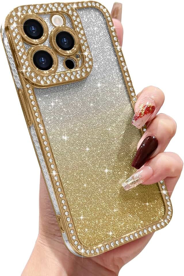 Kompatibel mit iPhone 15 Pro Max Hülle Glitzer Verlauf Handyhülle Glänzend Sparkle Kirstall Diamond Schuzhülle Stoßfeste Kratzfeste Soft TPU Bumper Case für iPhone 15 Pro Max, Gold
