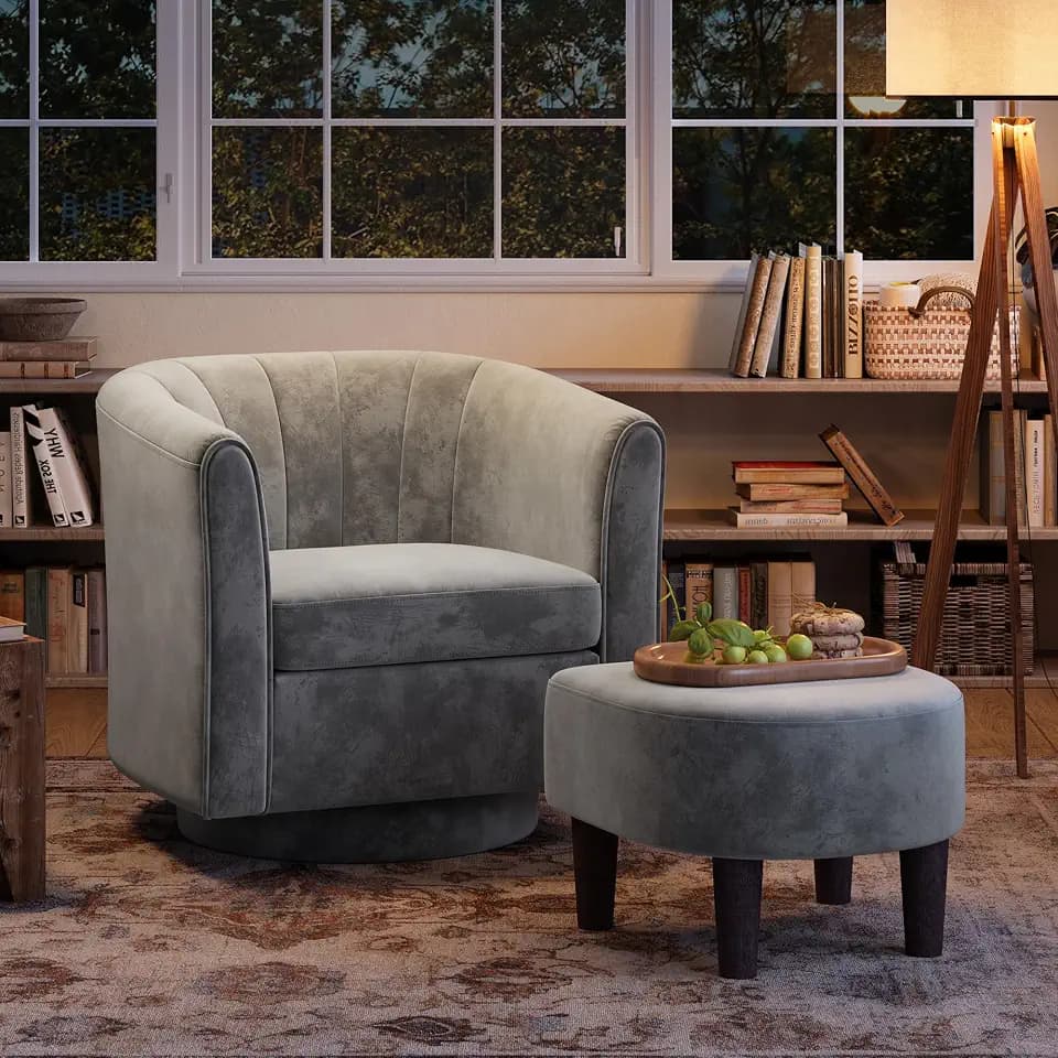 LINSY Swivel Accent Chair with Ottoman - Small Barrel Chair 360 Swivel Modern Armchair, Upholstered Reading Chair with Footrest for Living Room Bedroom Study Room, Velvet (Grey)