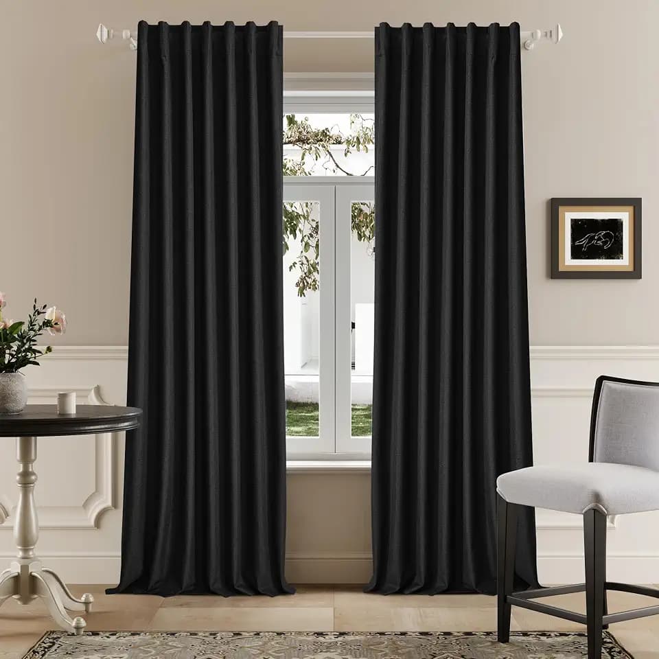 DUALIFE Black Linen Blackout Curtains 132 Inch Length 2 Panels Set Burg for Living Room Bedroom Back Tab Thermal Insulated 100% Black Out Linen Drapes 11 ft Window Curtains 132 Inches Long