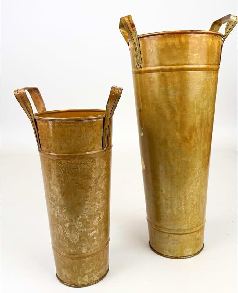 ANDALUCA Galvanized Metal Floral Vases with Handles Set of 2 (Marigold)
