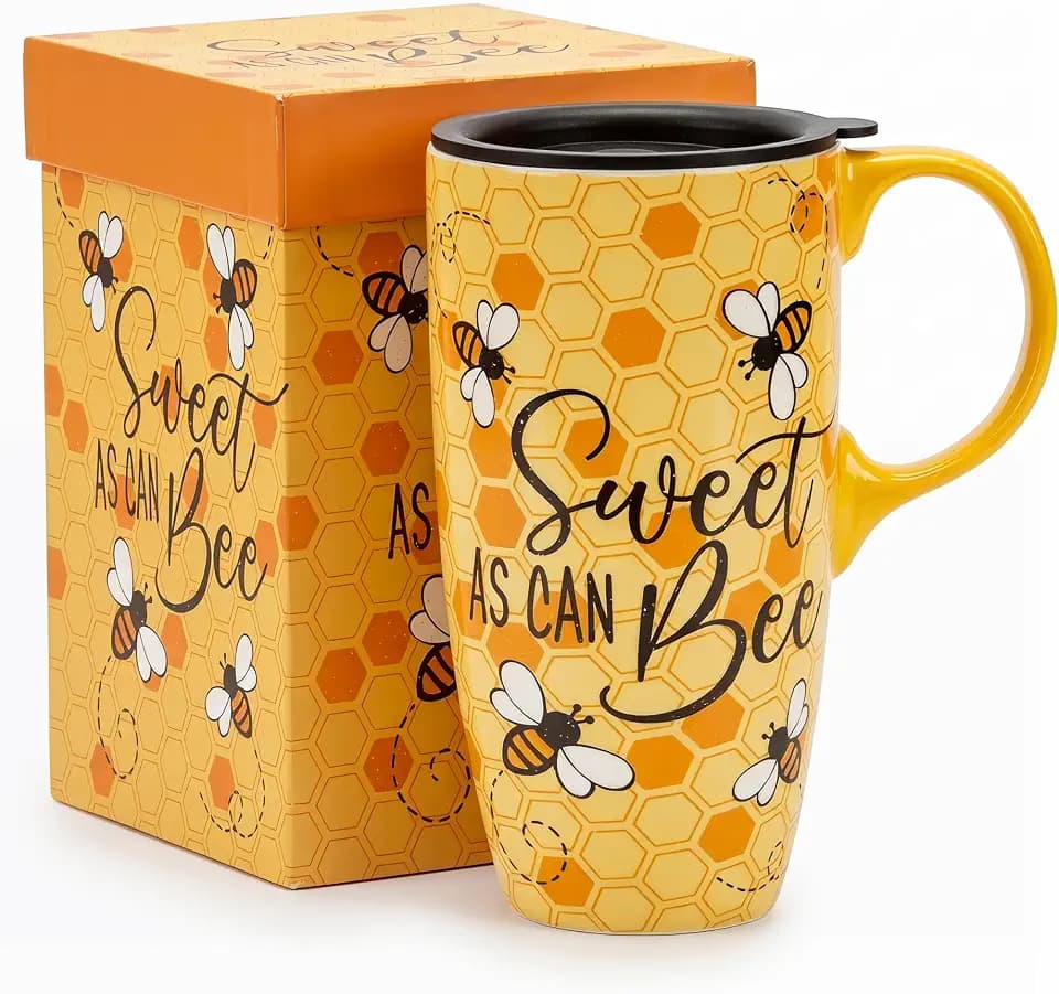 DUSVALLY 17oz Ceramic Travel Mug with Lid, Honey Bee Coffee Mug