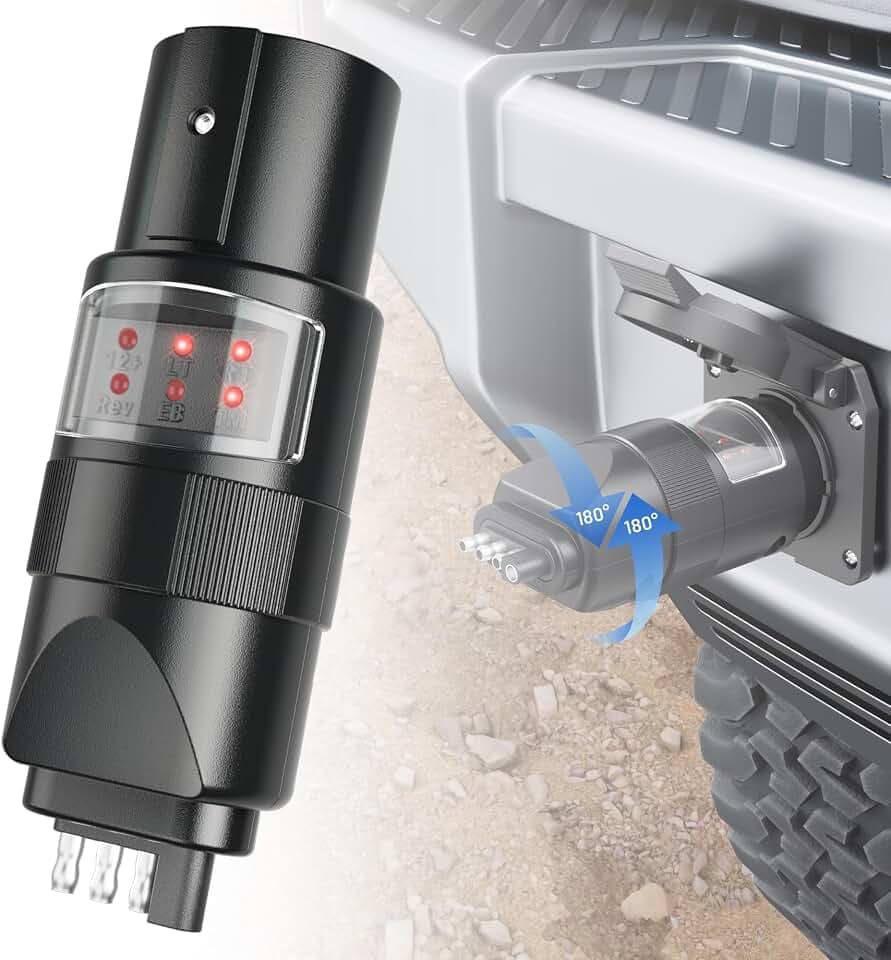 MECMO 360° Rotatable 7 Pin & 4 Pin Circuit Tester Adapter w/ 6 LED Indicators, Swivel 7 Way Blade to 4 Way Flat Connector Plug Tester for RV Pickup Truck Tow Hitch Towing Vehicle Trailer Wiring Socket