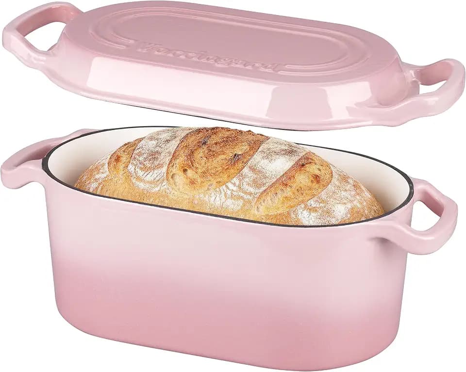 VORRINGARD Oval Dutch Oven Pot with Lid, Enamel Coating Cast Iron Bread Pans for Homemade Sourdough Bread Baking, Cooking, 4 Quart, Pink