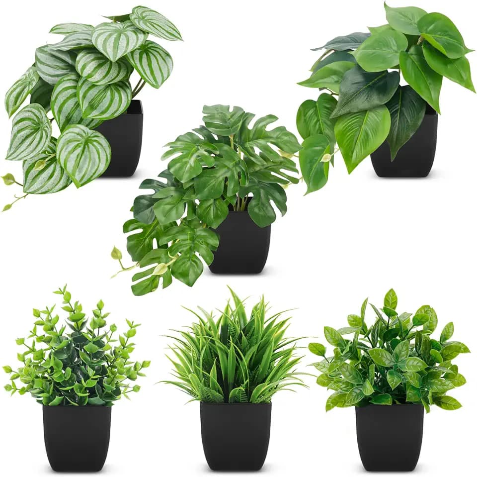 Der Rose 6Pcs Small Faux Plants Indoor with Black Pots for Bathroom Decor
