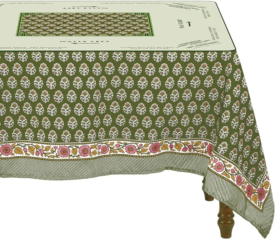 Mahjong Tablecloth with Game Rules, 55" x 55" Green Block Flower