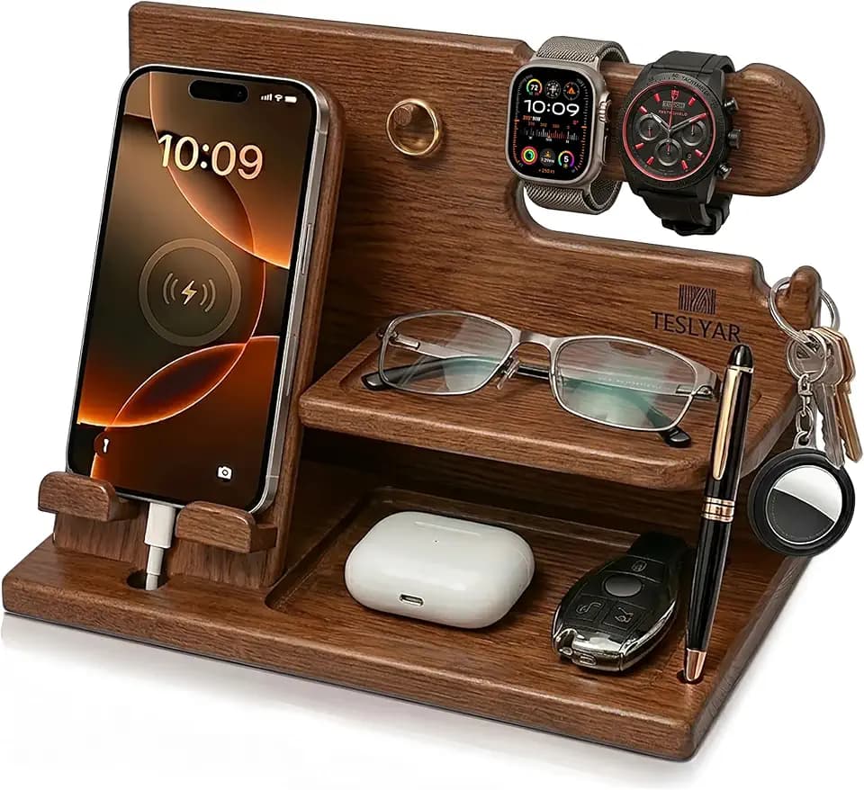 TESLYAR Wood Phone Docking Station for Men - Desk or Nightstand Organizer - Birthday Gifts for Husband or Dad - Anniversary Idea from Wife - Key Holder, Stand Wallet, Watch & Essentials (Earth Beige)