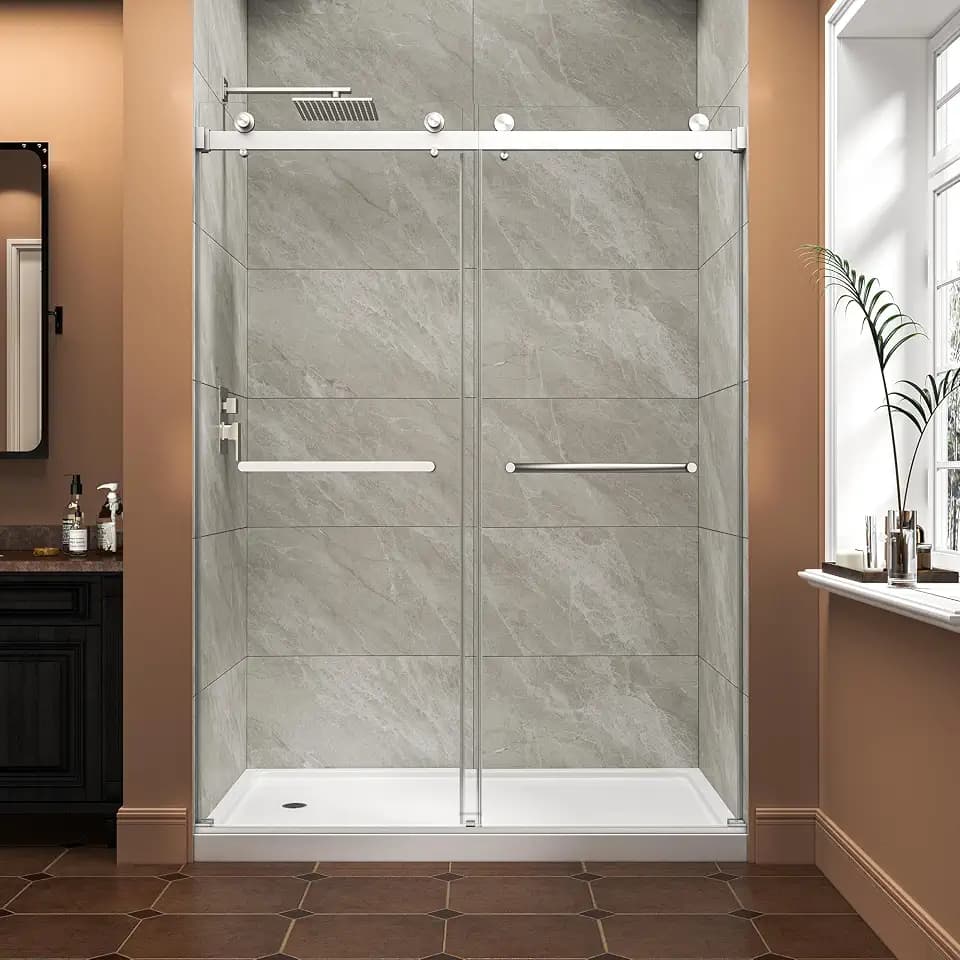 GDFStudio 55"-60" W x 76" H Frameless Sliding Shower Door, 5/16" Tempered Glass Shower Door with Nano Explosion-Proof Film, Reversible Double Bypass Enclosure Doors, Easy Install, Brushed Nickel