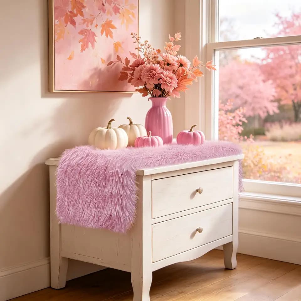 Pink Table Runner 12x36 inch, Fluffy Faux Fur Dresser Scarf for Bedroom