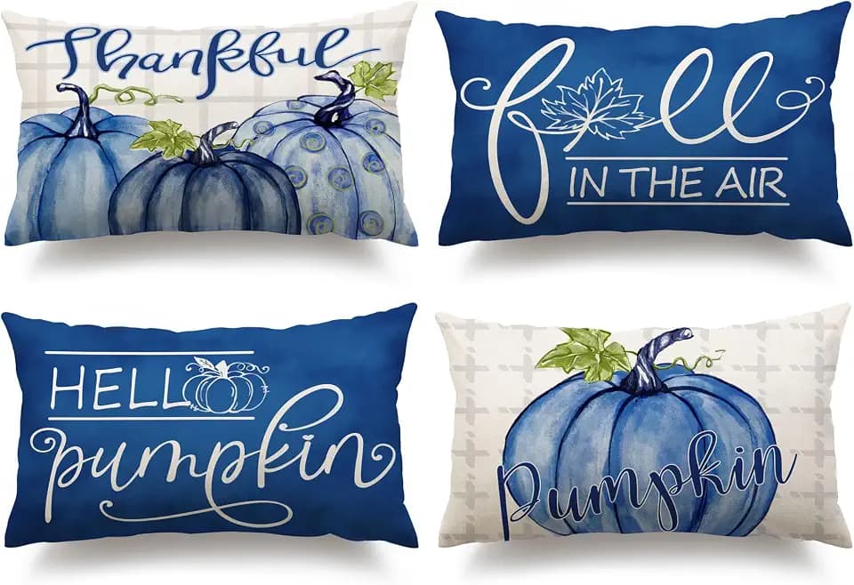 DFXSZ Fall Pillow Covers 12x20 inch Set of 4 Buffalo Plaid Fall Blue Pumpkin Throw Pillow Cover Autumn Thanksgiving Decoration for Home Couch Bed