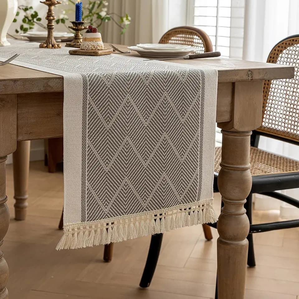 Farmhouse Boho Table Runner, Neutral Woven Floral with Tassels