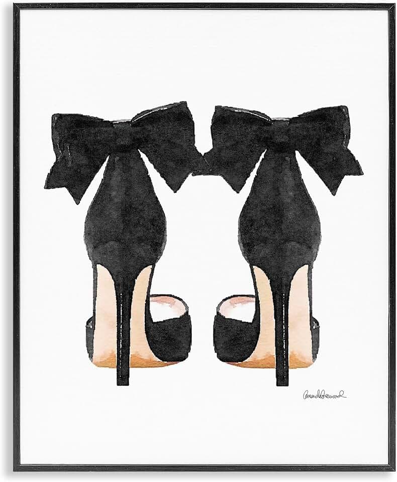 Stupell Industries Glam Pumps Heels With Black Bow Oversized Framed Giclee Texturized Art, Proudly Made in USA