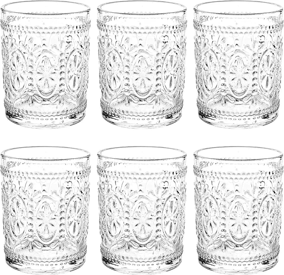 Bekith 6 Pack Drinking Glasses, 9.5 oz Romantic Water Glasses, Clear Embossed Glass Cups Vintage Glassware Set for Whisky, Juice, Beverages, Beer, Cocktail