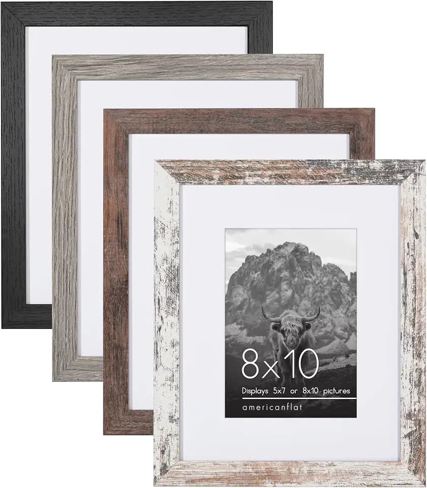 Americanflat Rustic 8x10 Picture Frame Set of 4 - Use as 5x7 Picture Frame with Mat or 8x10 Frame Without Mat - Photo Frame with Textured Engineered Wood, Shatter Resistant Glass, and Easel
