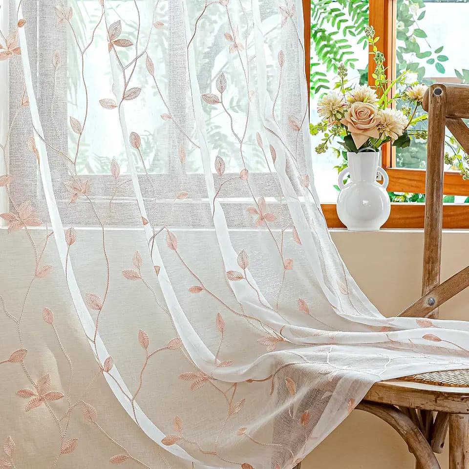 AmHoo 2 Panels Embroidered Leaf Pattern Semi Sheer Curtains Foliage Floral Voile Window Draperies Treatment for Bedroom Living Room Rod Pocket White Pink 53 x 84 Inch