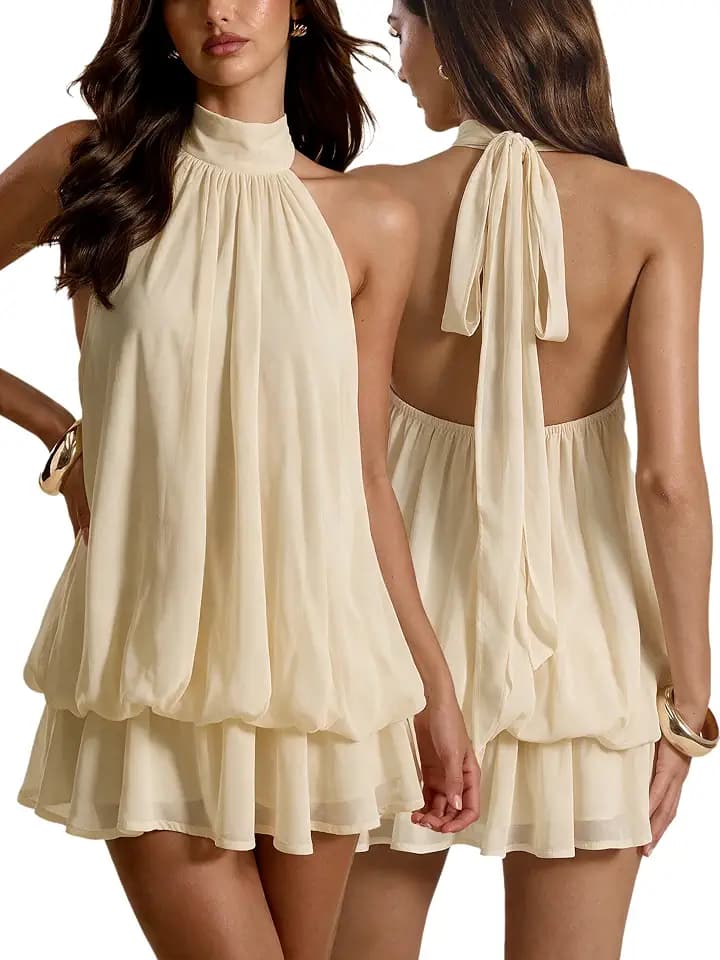 Womens Summer Dresses Halter Tie Mini Dress with Built-in Shorts