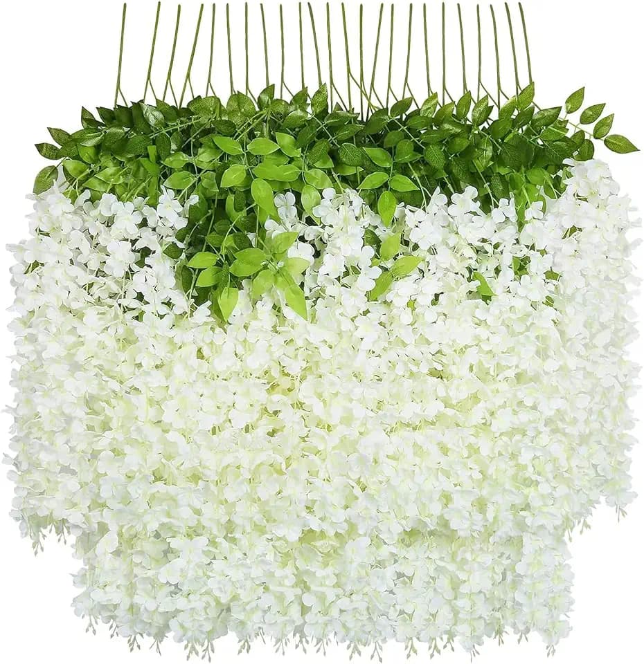 U'Artlines 24 Pack (Total 86.4 Feet) Artificial Fake Wisteria Vine Rattan Hanging Garland Silk Flowers String Home Party Wedding Decor (24, White)