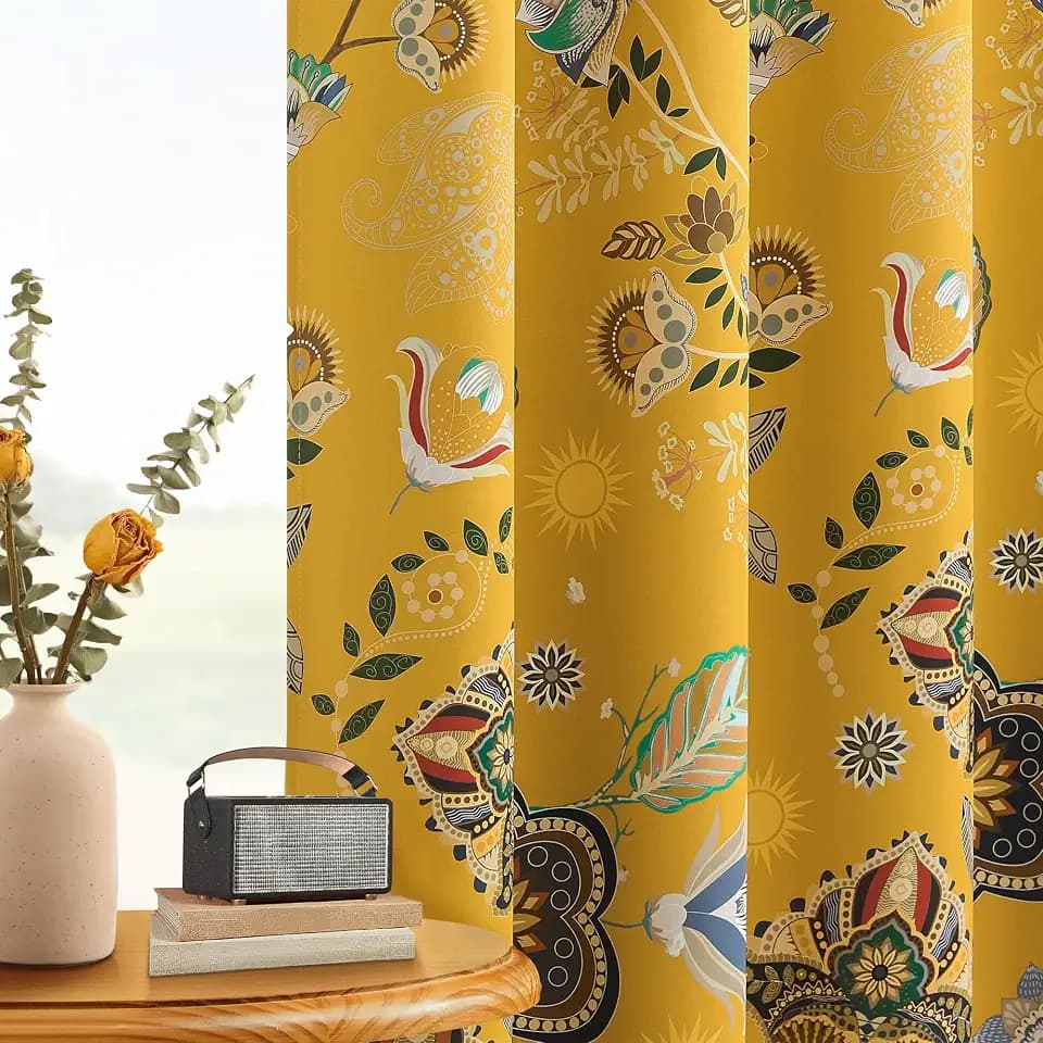 Mustard Yellow Vintage Floral Blackout Curtains & Drapes 90 Inches Long
