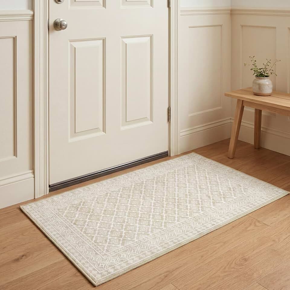 Laura Ashley Washable Printed Velvet Rug Autumn 26" x 45" Rug Accent Beige Multi