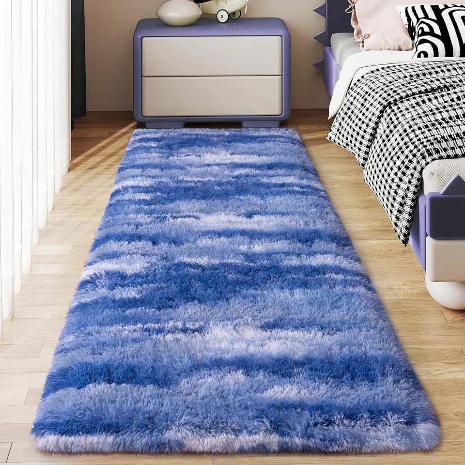 Soft Runner Rugs for Bedroom Hallways, 2x6 Abstract Blue White Fluffy Shag Throw Area Rug Non Slip for Bedside Dorm, Long Shaggy Furry Carpet for Nursery Living Room