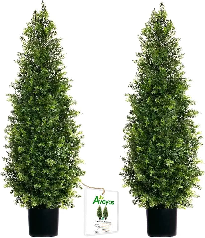 Aveyas 4ft Artificial Cedar Topiary Trees for Outdoor Front Porch Door, 4 Feet Faux Potted Plants Evergreen Fake Pine Cypress Tree for Outside Home Decor (4 ft Tall) - Set of 2 Pack