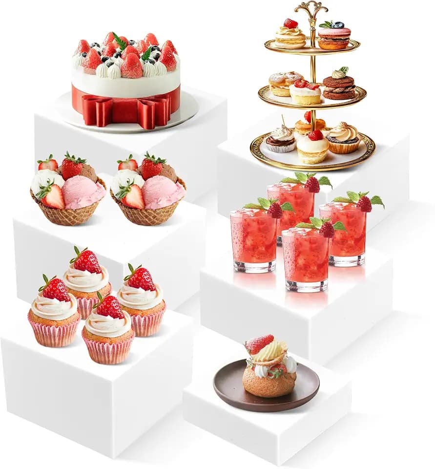 6PCS White Buffet Risers for Buffet Table Display and Stands,Dessert Table Display Set,Collectibles Jewelry Display Stand, Food Stands for Display Party,Acrylic Cube Boxes big size (8"-7"-6"-5"-4"-3")