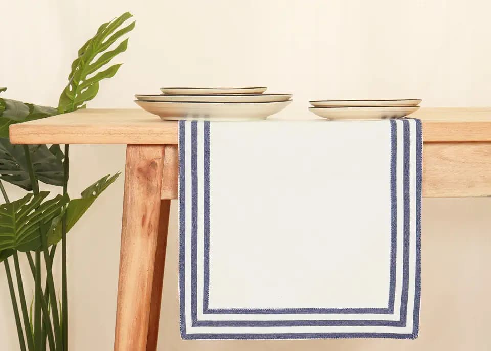 PurpleEssences Edges Stripe Hemstitch Table Runner, 14x72 in - Blue