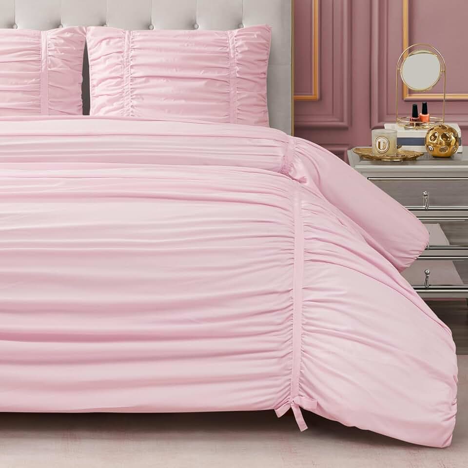 Juicy Couture Ribbon Ruched 3 Piece King Comforter Set, Pink Marshmellow Bedding Ensemble