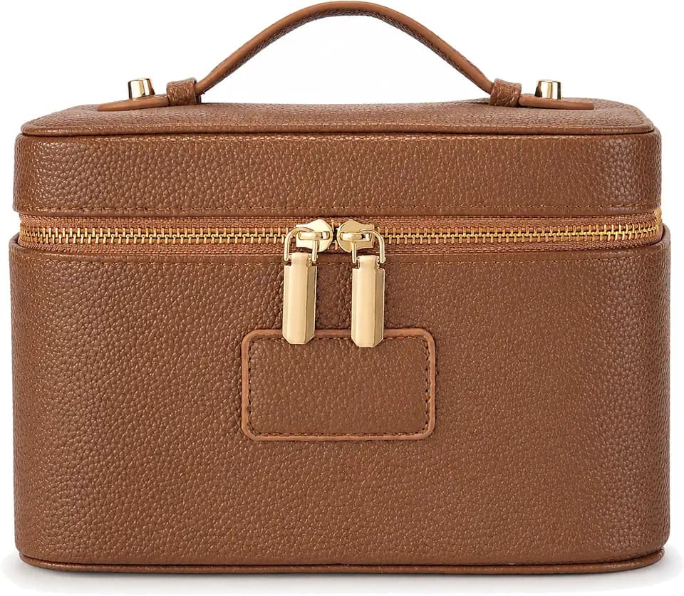 Makeup Bag Travel Toiletry Leather Cosmetic Case, Waterproof Makeup Organizer with Brush Holder, Wipe Clean Removable Divider Vanity Train Bag for Women, Brown