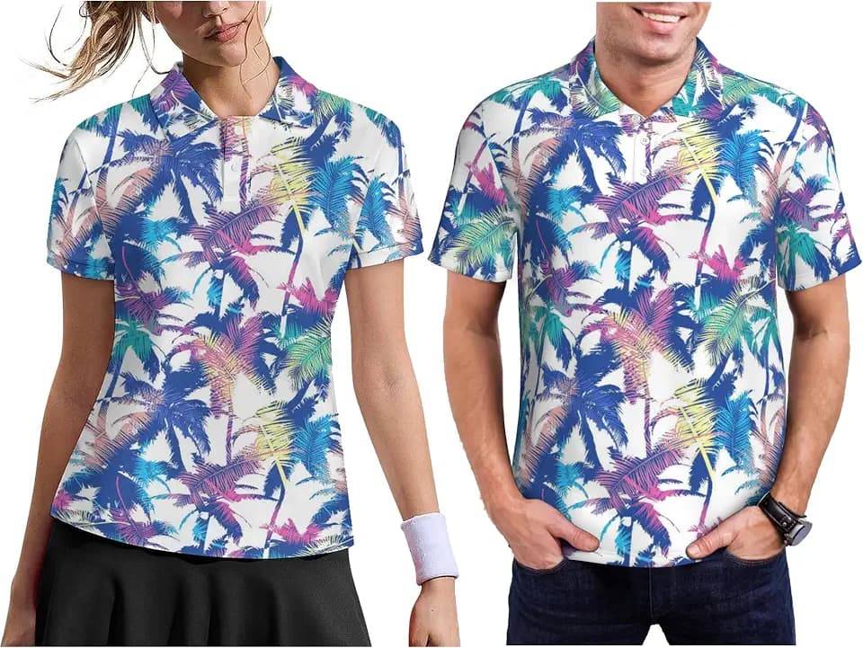 Funny Matching Couple Golf Shirts Short Sleeve Polo Shirts Moisture Wicking Unisex Hawaiian Outfits for Men Women