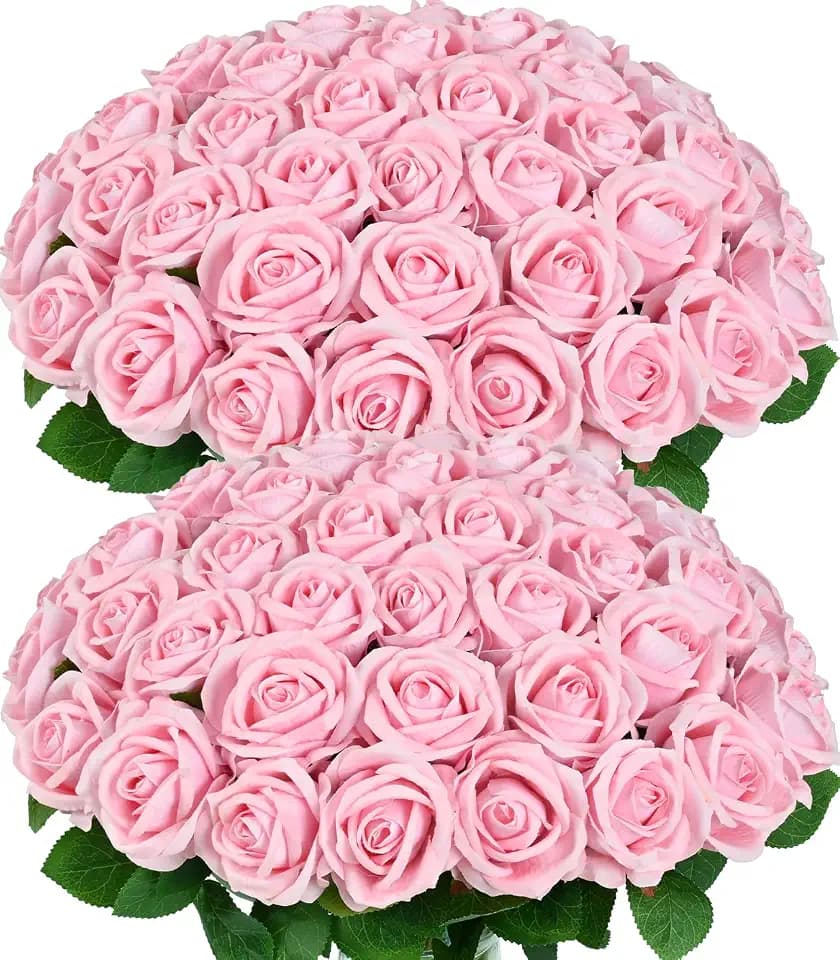 50Pcs Pink Roses Artificial Flowers, Real Touch Velvet Fake Roses Bouquet