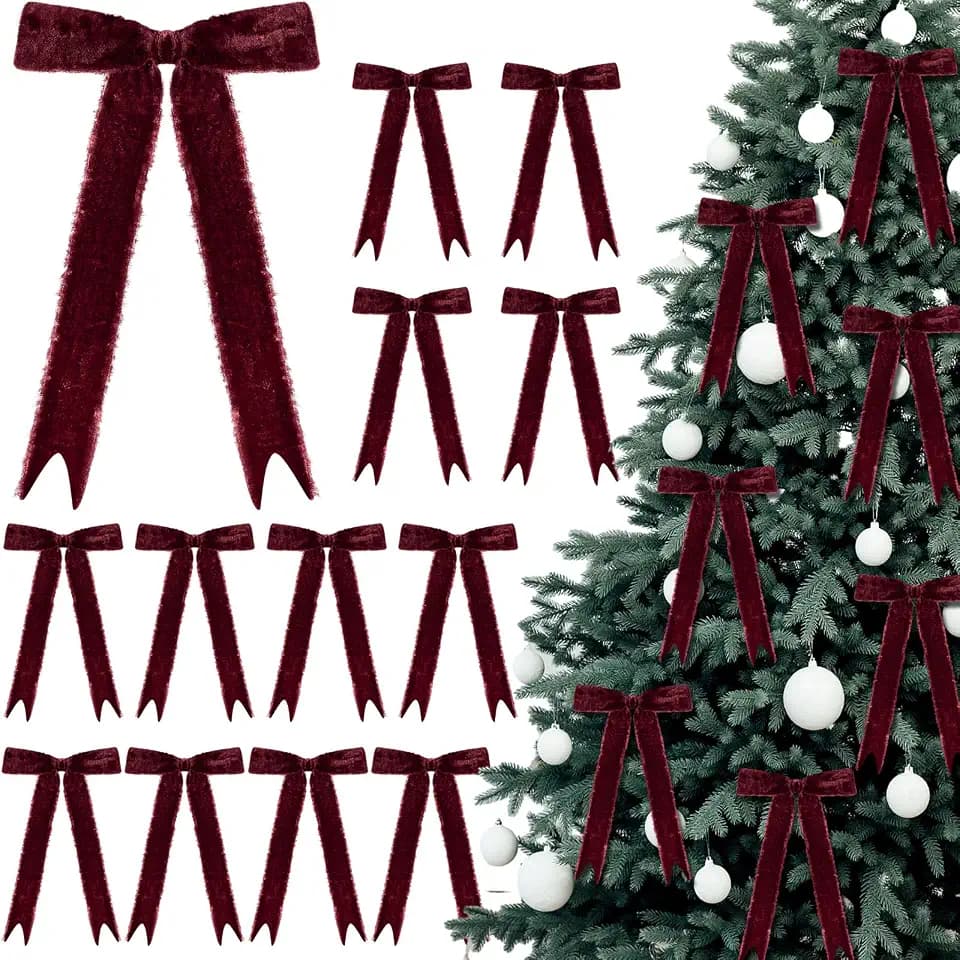Riceshoot 12 Pcs Burgundy Velvet Bows Fringe for Christmas Tree
