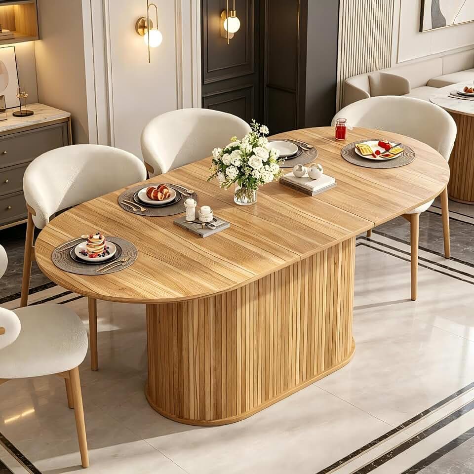 KEIKI 55.1"–71" Extendable Oval Kitchen Table for 4–6, Space-Saving Dining Table with Striped Legs, Large Dining Room Table, Natural
