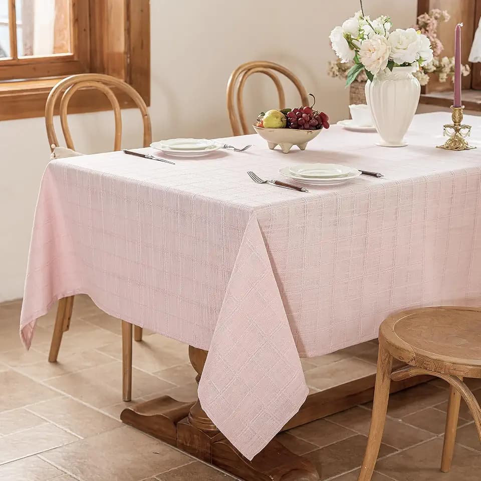 Laolitou Light Pink Embroidered Grid Tablecloth,Wrinkle Resistant,60"x104"
