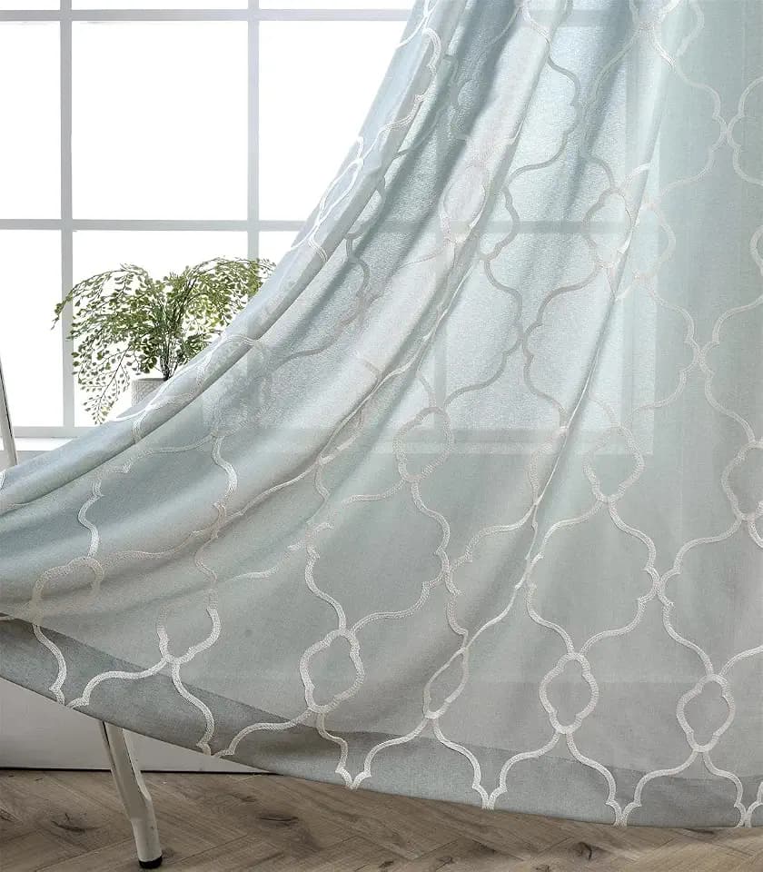 MIUCO Moroccan Embroidery Semi Sheer Curtains Faux Linen Grommet Curtains for Living Room 52 x 84 Inch 2 Panels Set, Sea Foam