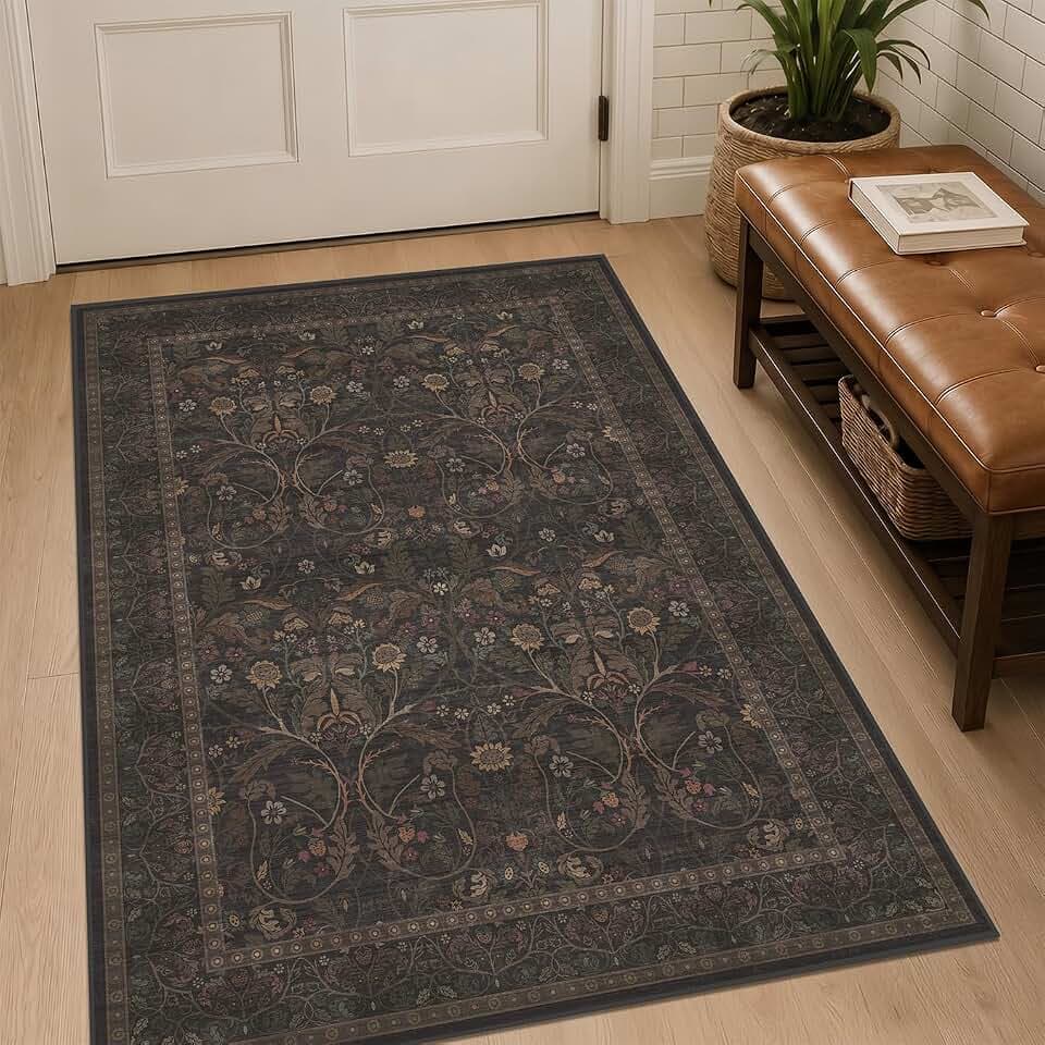 Rustic Brown 3x4 Large Washable Entryway Rug Indoor - Stain Resistant Kitchen Sink Floor Mat Non Slip, Dark Floral Pattern Cabin Area Rug for Bedroom Beside Bed, Mudroom