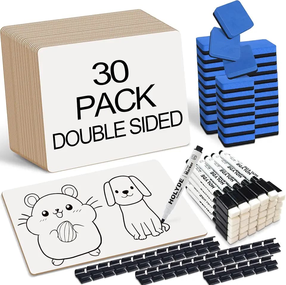 Set of 30 Dry Erase Boards, Double Sided Small Whiteboards for Kids, Students, Teacher & Classroom Pack, 9"x12" Mini Individual White Boards for Writing with 30 Markers, 30 Erasers, 30 Pen Holders