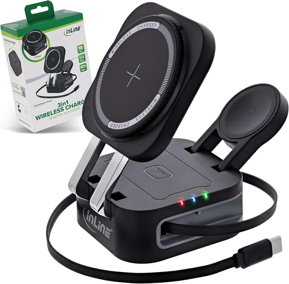 InLine 3in1 Wireless Charger, MagSafe-kompatibel, faltbar, Qi-Ladegerät für iPhone, Apple Watch, Kopfhörer, USB-C, 15W Schnellladung, 33392T
