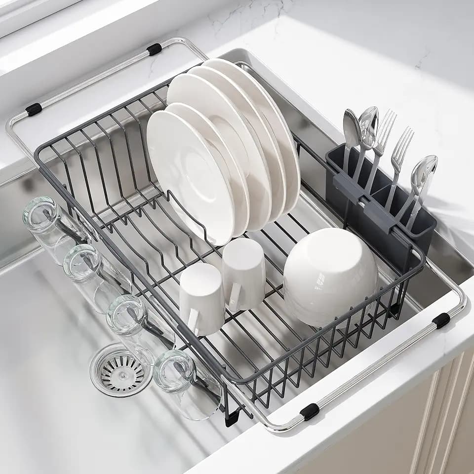 JASIWAY Gray Dish Drying Rack in Sink, Dish Drainer with Utensil Holder