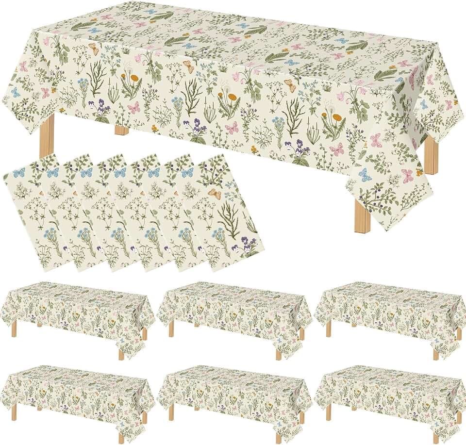 FuWeave 6 Pcs Spring Floral Tablecloth Disposable Plastic Table Covers Green Wildflower Waterproof Tablecloth for Baby Shower Birthday Summer Wedding Tea Party Supplies and Decor, 54 x 108 Inch