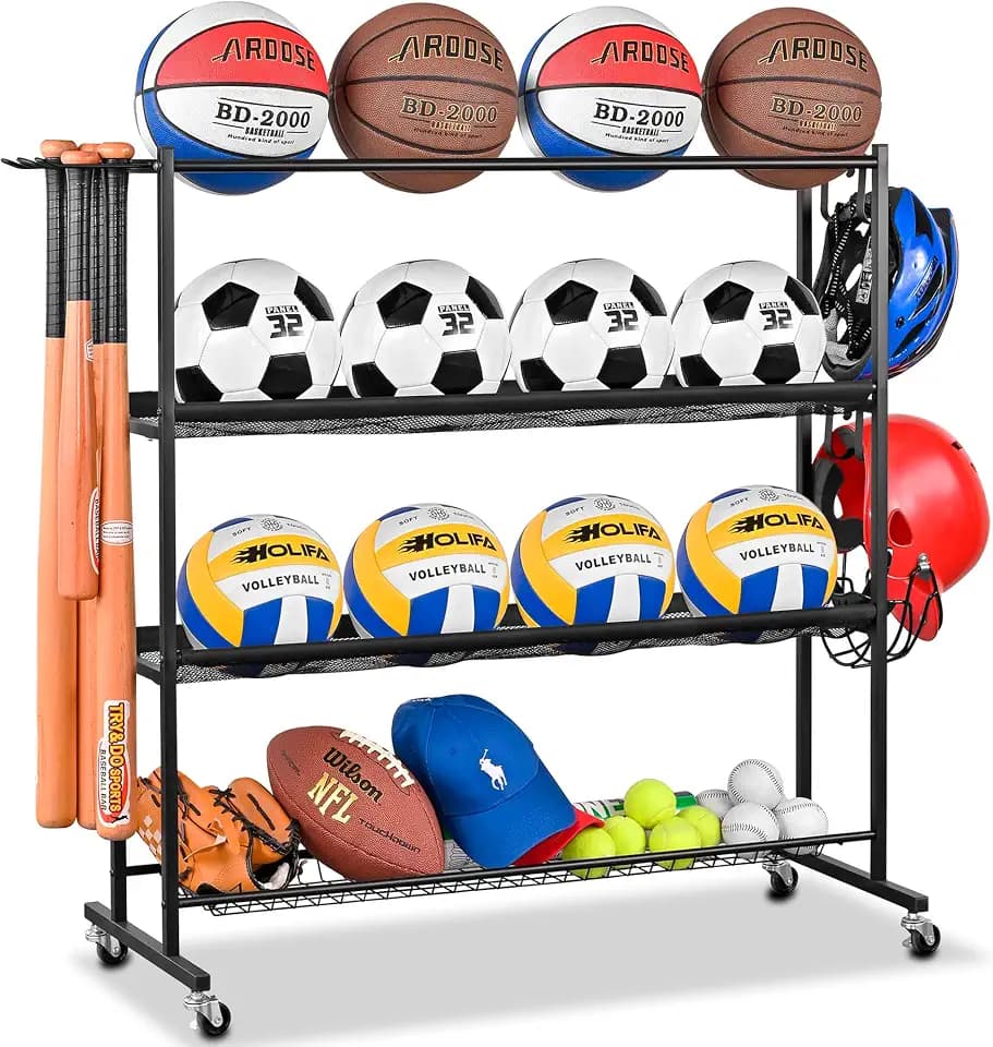 4-Tier Basketball Rack with Wheels, Ball Storage Organizer for Garage