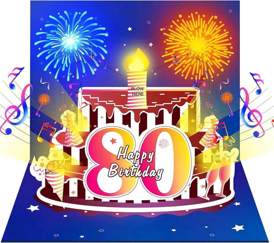 Turypaty Happy 80th Birthday Music Card Gifts Pop Up 3D Cake Firework Light